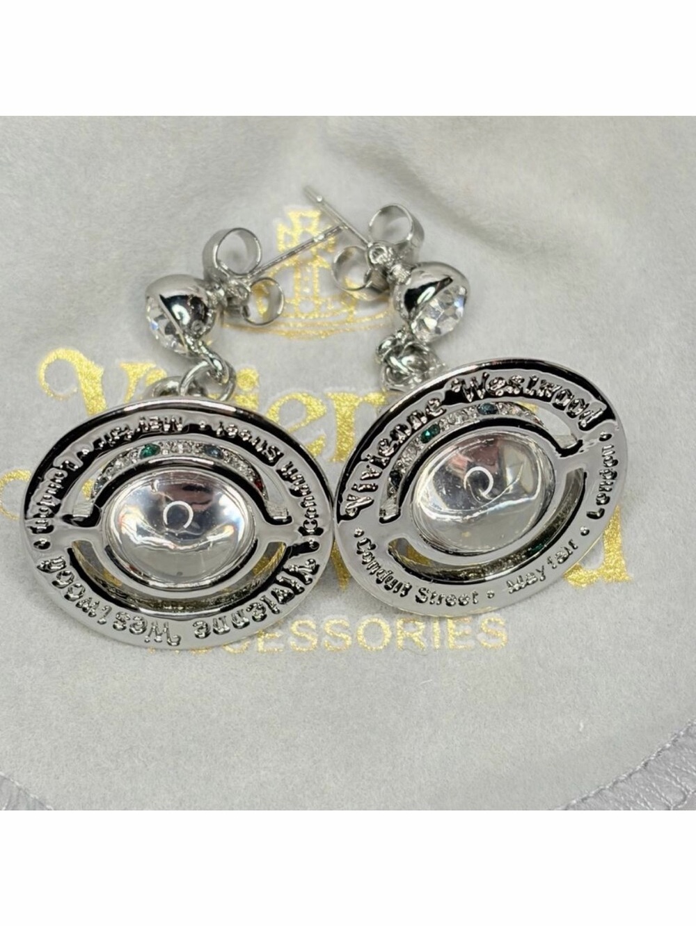 Vivienne Westwood Orb Earrings Silver Tone w Red & Green Crystals Box & Dustbag